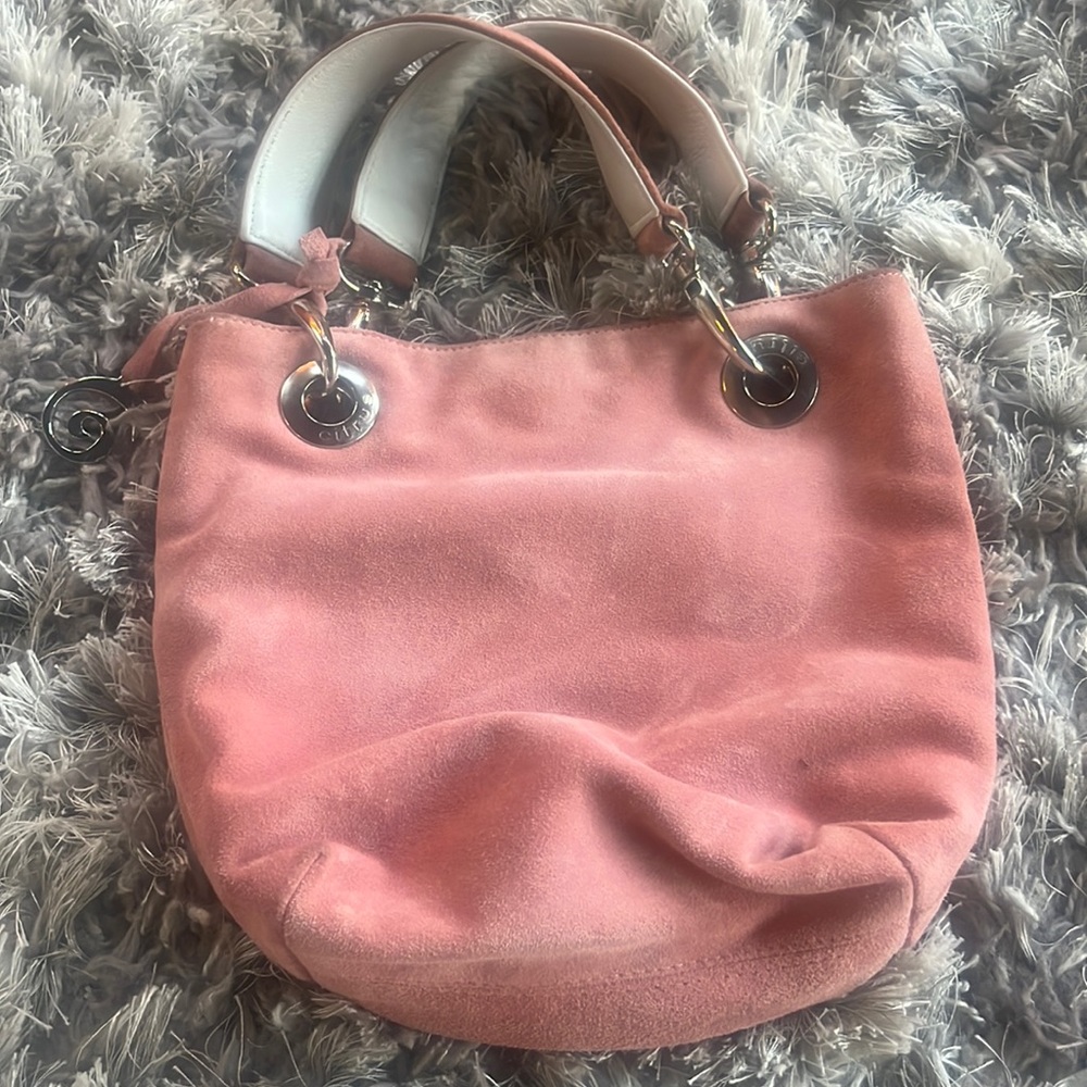 Pink suede small handbag.  Citrus band.